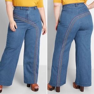 ModCloth Jeans Womens 22W Rainbow With Me Plus Size Blue Wide Leg High Waist
